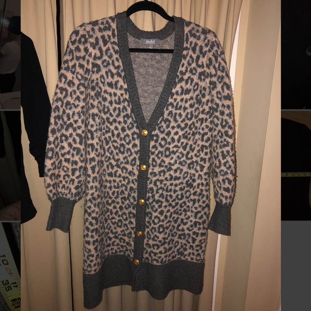 Marled Gray Leopard cardigan small long length can be worn as a dress